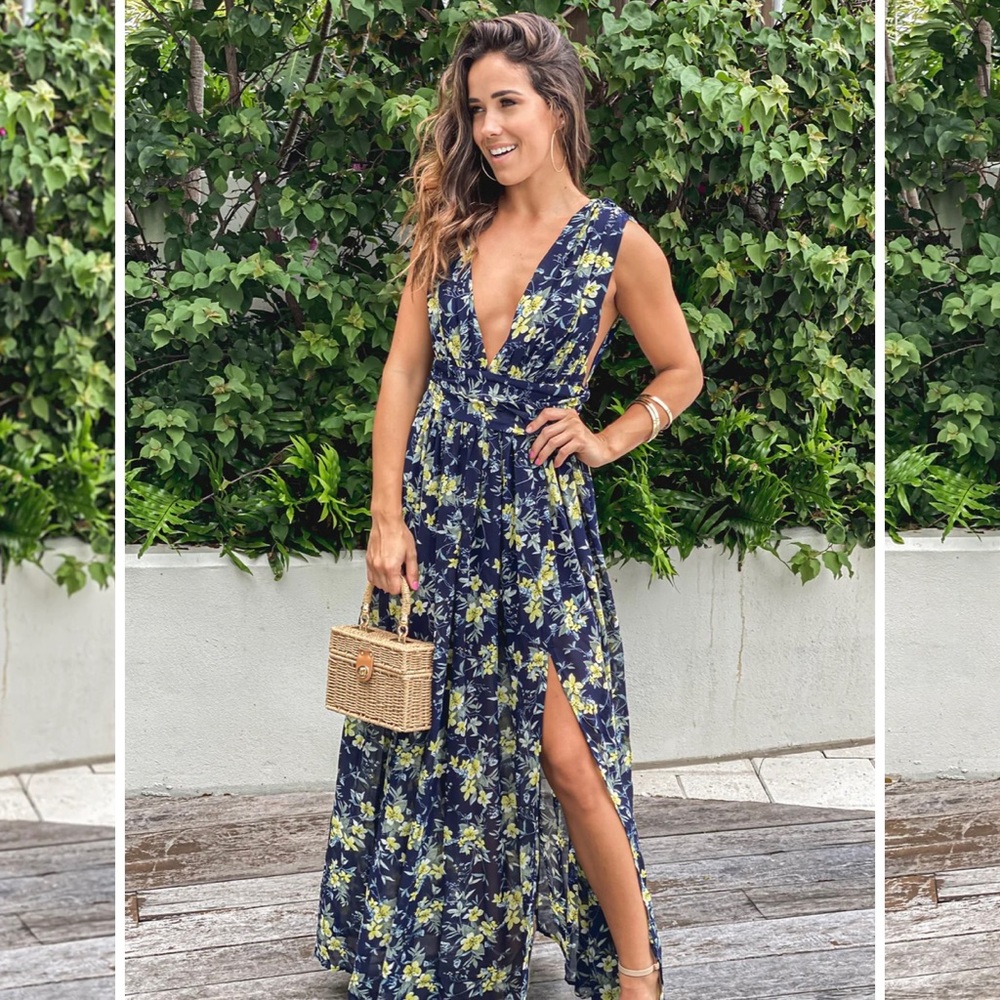 NWT Navy Floral V-Neck Maxi Dress with Slit